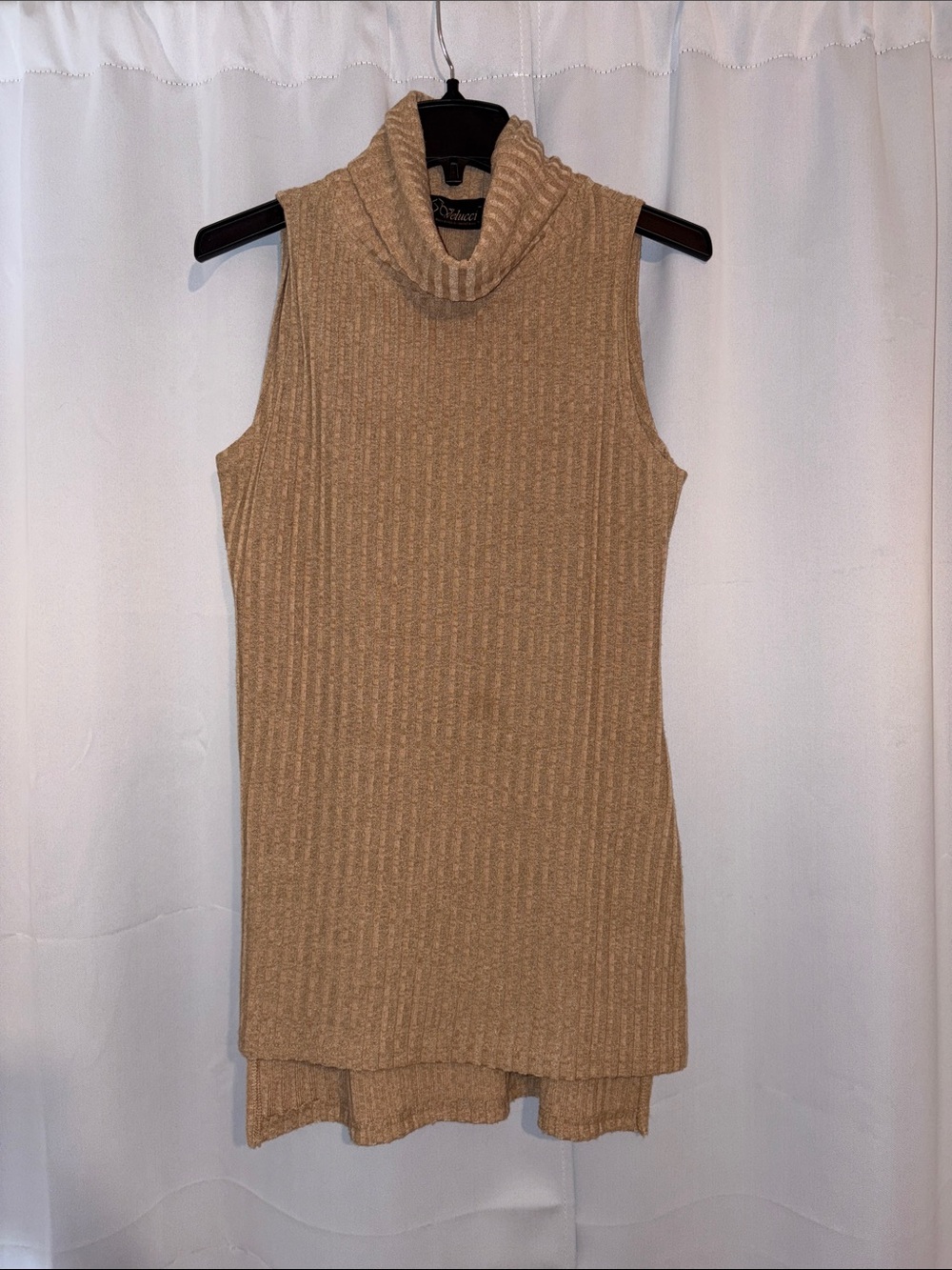 Sleeveless Ribbed Cowl-Neck Tunic Long Sweater in Beige w/ Side Cutouts